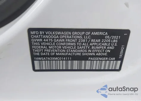 2021 Volkswagen Passat 2.0T Se z USA, uszkodzony, nr VIN 1VWSA7A3XMC014111